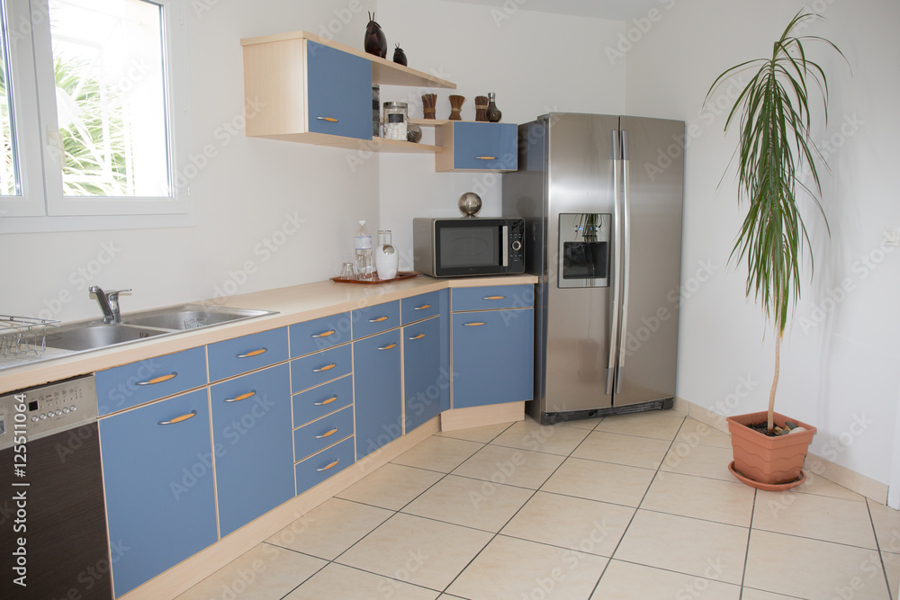 Modern kitchen interior with a blue decoration Modern kitchen interior with a blue decoration