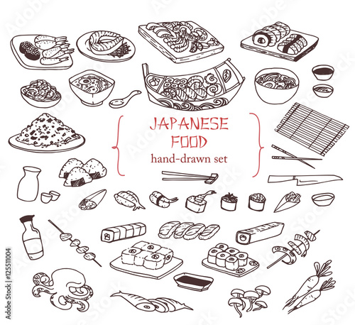 Hand-drawn collection of the different japanese food. Line art set of the food icons.