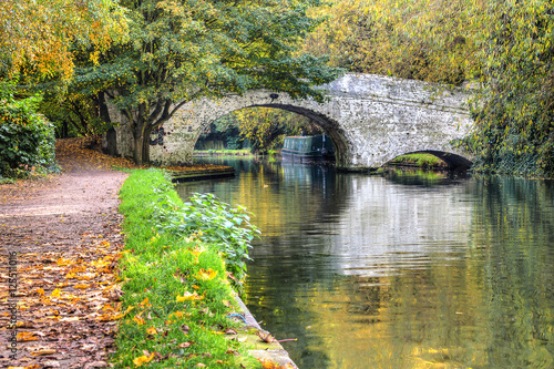 British autumn landscape. Old bridge on the canal