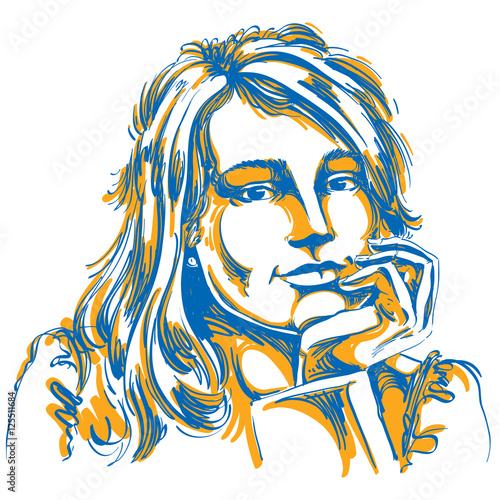 Vector art drawing of pensive romantic woman with stylish haircu