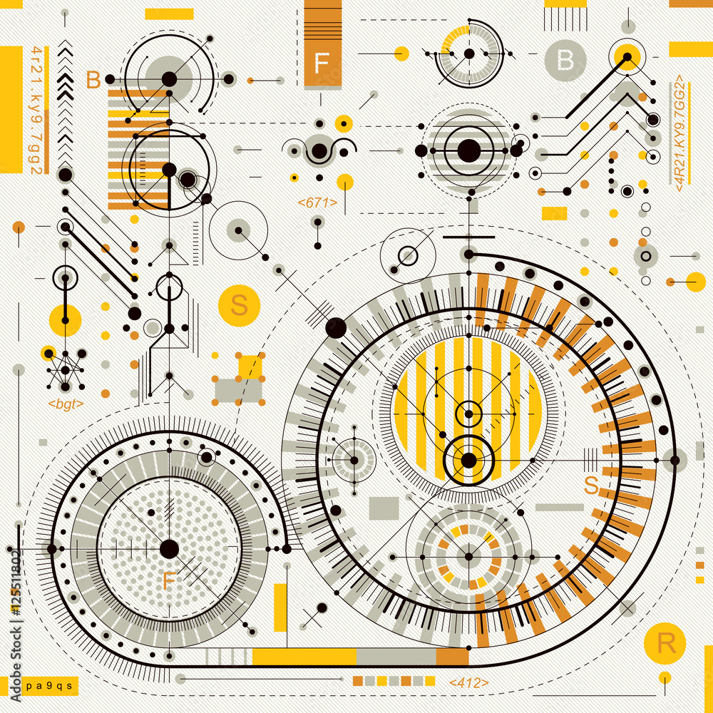 Obraz premium Technical drawing with dashed lines and geometric shapes, vector