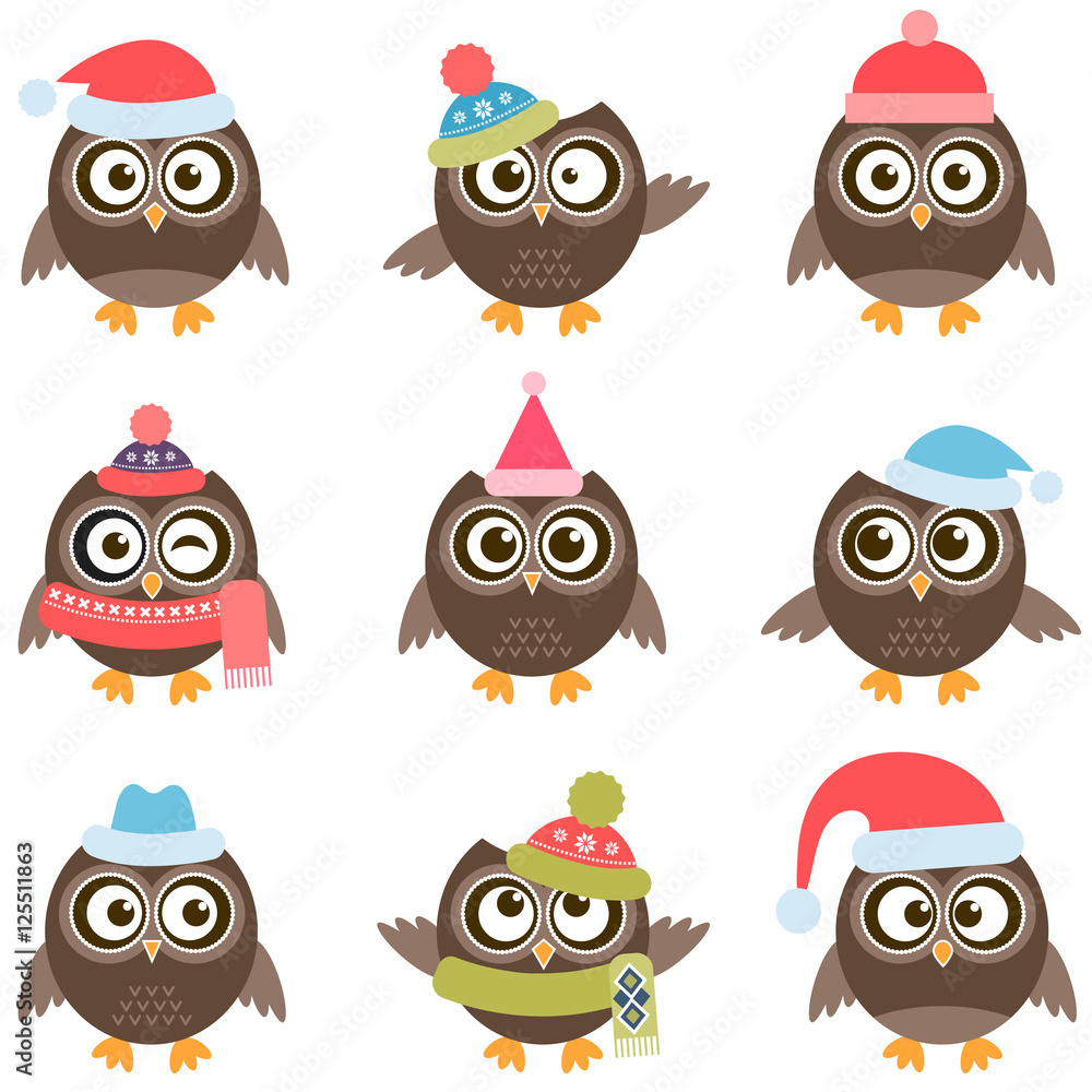 Cute owls with Santa hats