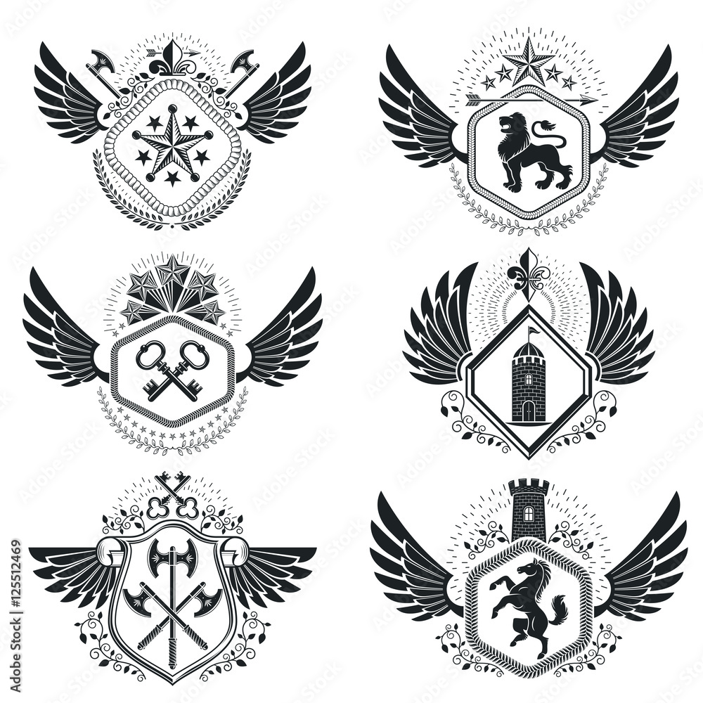 Fototapeta premium Heraldic emblems isolated vector illustrations. Collection of sy