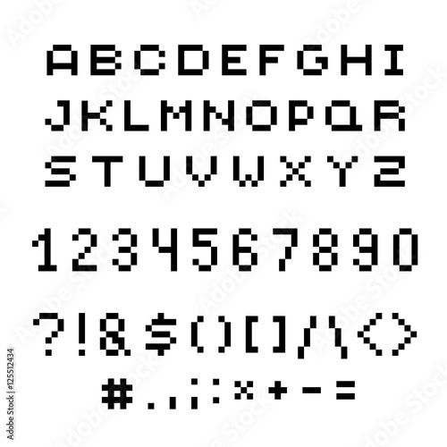 Cybernetic 3d numbers, letters and punctuation marks, pixel art