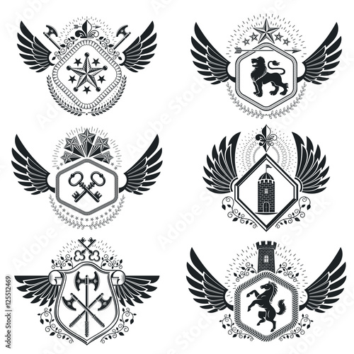Heraldic emblems isolated vector illustrations. Collection of sy