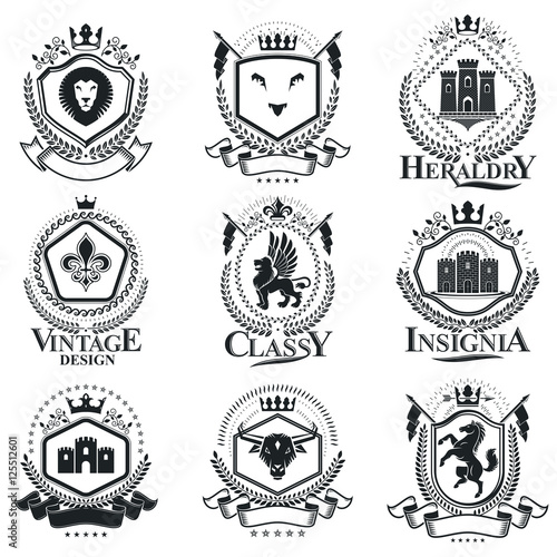 Vintage decorative emblems compositions, heraldic vectors. Class