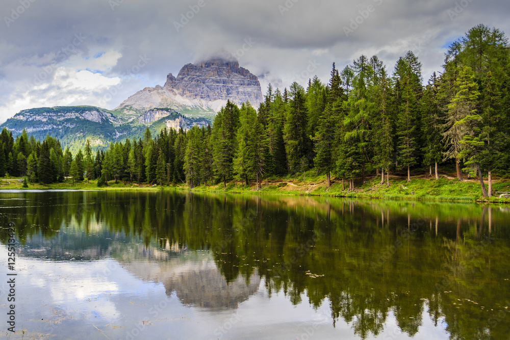 Dolomites, great view of the mountains with reflection in the Lago di Antorno.