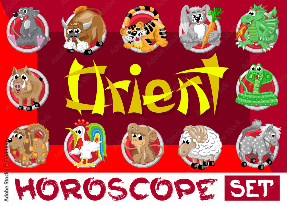 Orient horoscope set. Twelve chinese japanese zodiac signs in red circles  isolated Stock Illustration | Adobe Stock