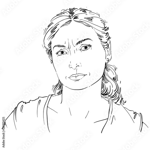 Hand-drawn portrait of white-skin doubtful woman, face emotions