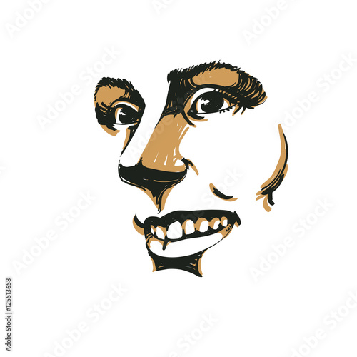 Hand-drawn vector illustration of beautiful smiling woman. Monoc