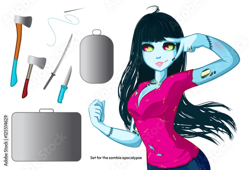Zombie girl with black hair. Things for the zombie apocalypse - ax, knife, medical kit, zombie case and over..
