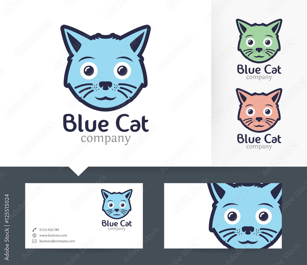 Blue Cat vector logo with business card template Blue Cat vector logo with business card template