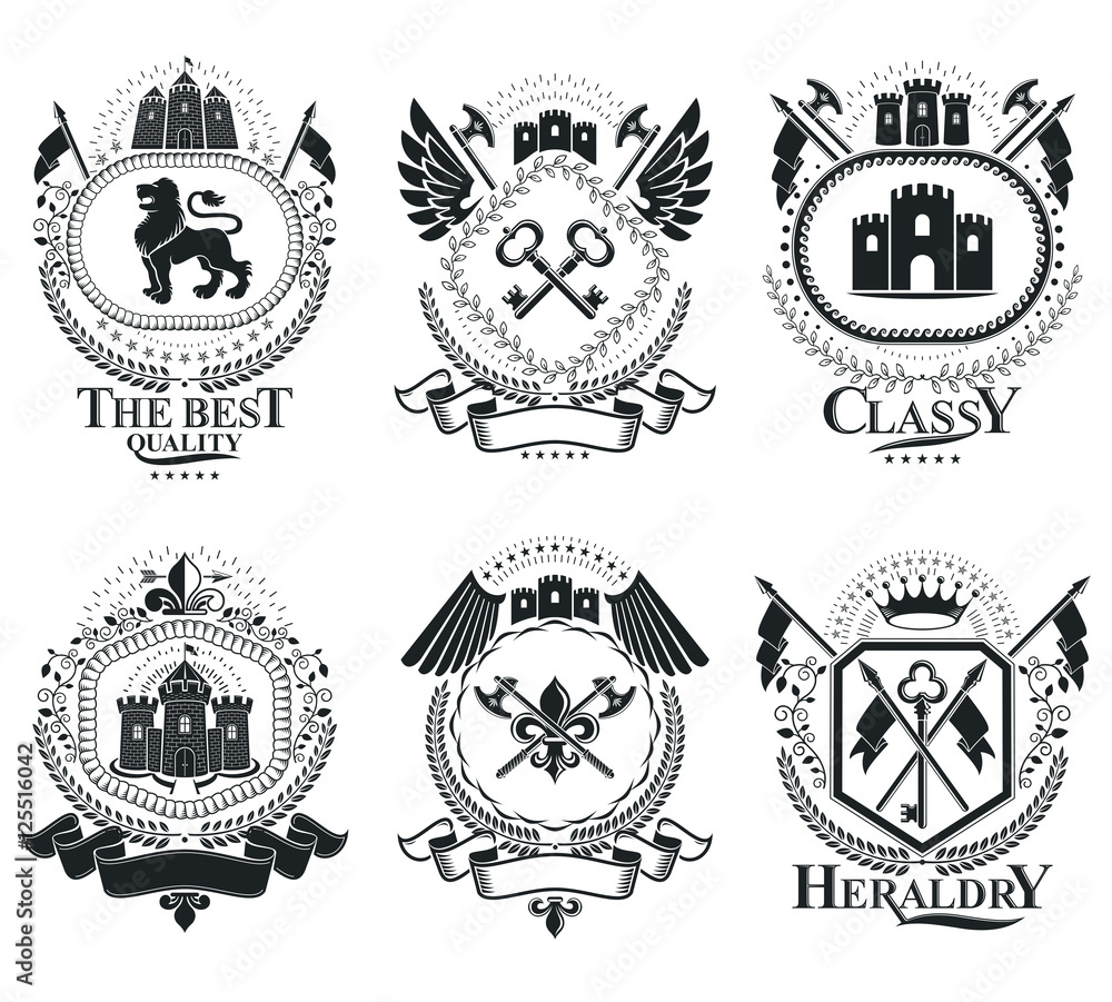 Old style heraldry, heraldic emblems, vector illustrations. Coat