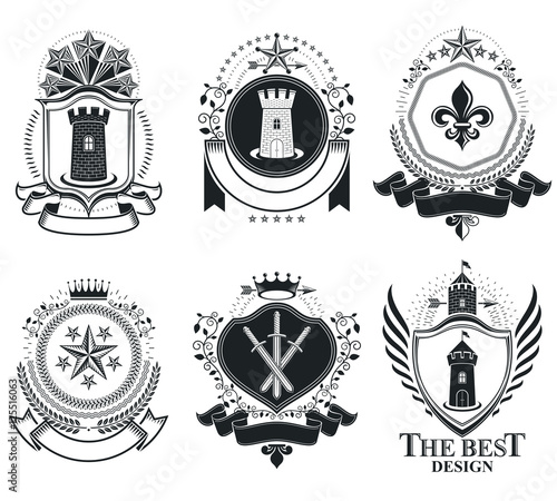Old style heraldry, heraldic emblems, vector illustrations. Coat