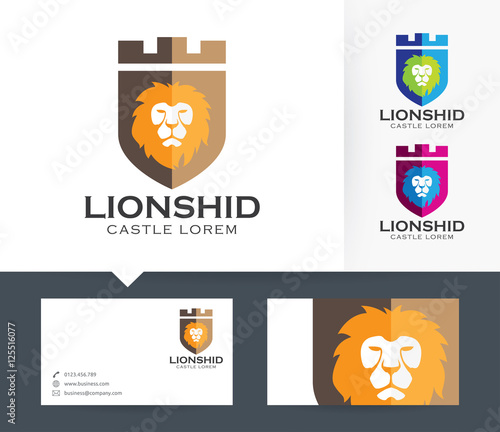 Fototapeta Naklejka Na Ścianę i Meble -  Lion Castle vector logo with business card template