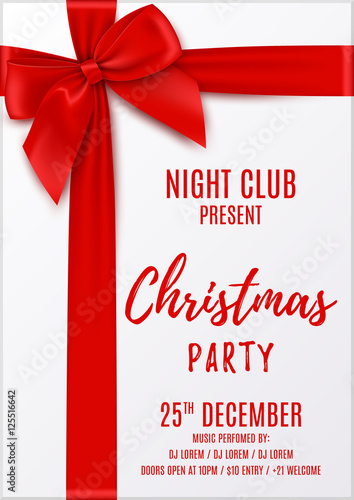 Merry Christmas party invitation. Top view on Xmas gift box with red bow and tapes. Design of flyer to night club. Vector illustration.