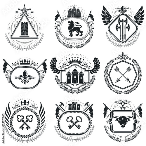 Old style heraldry, heraldic emblems, vector illustrations. Coat