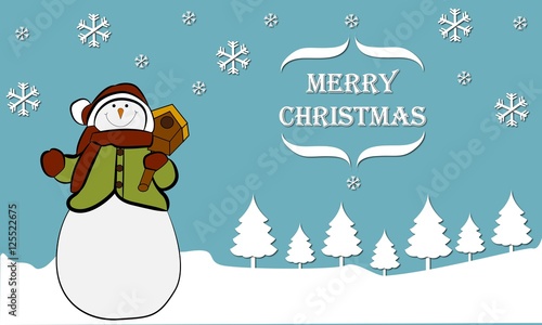 Muñeco de nieve y abetos blancos, Merry Christmas.