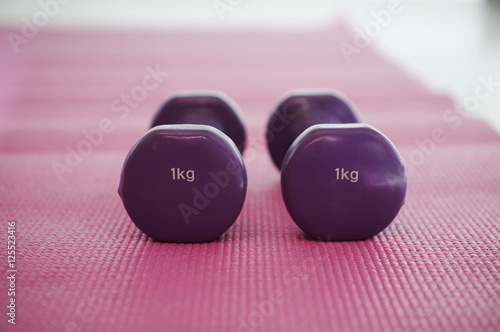 Two purple dumbbells in the gym on the pink carpet 