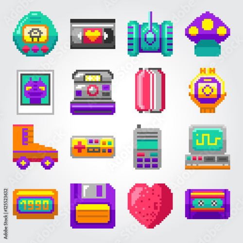 Pixel objects of 90s. Vector illustration. Pixel art, bright object popular in 90’s ears.
Retro gadgets and electronic games. Good as icons and humoristic cartoon illustrations a retro style.