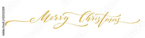 Gold glitter Merry Christmas lettering design. Greeting card with golden glittering decoration. Vector illustration