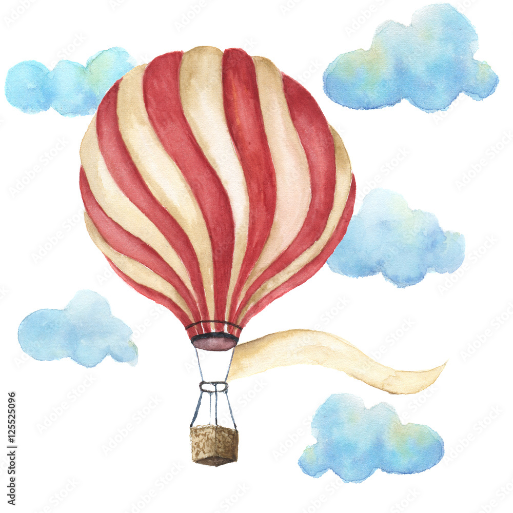Watercolor hot air balloon set. Hand drawn vintage air balloons with  clouds, banner for your text and retro design. Illustrations isolated on  white background. For design, print and textile. Stock Illustration