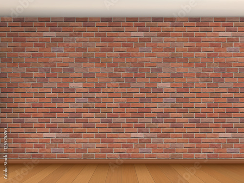 Interior of the room with red brick wall, white ceiling and wooden parquet. Vector architectural background.