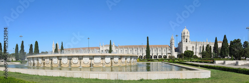 Lisbon, Portugal, Belem. Fountain named Luminosa and Gardens in front of Monastery named Jeronimos 