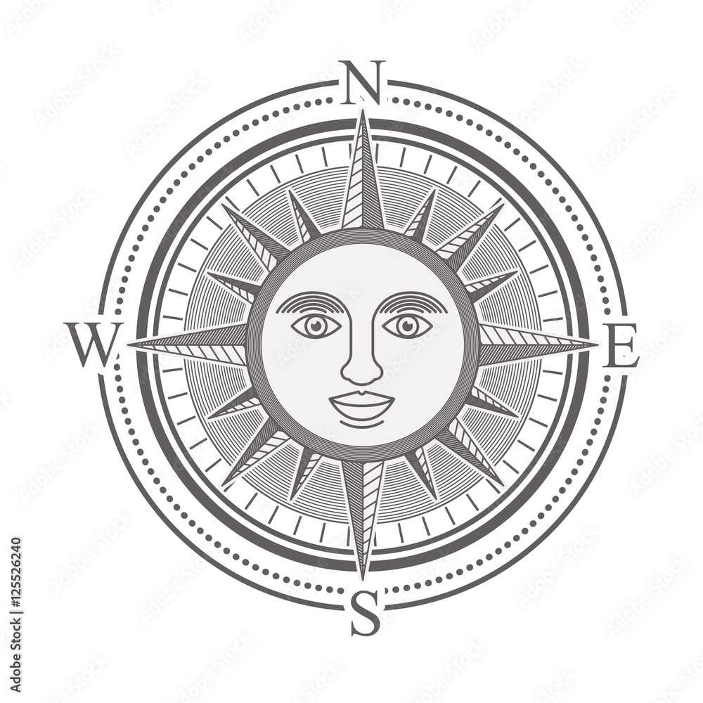 vintage compass rose with the sun in the center. black and white design ...