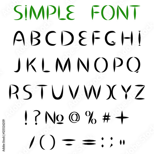 Simple alphabet. Uppercase letters with sharp ends, and punctuation.