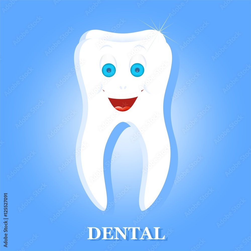 White human tooth with down laughing face with blue eyes with eyebrows and a big smile with white teeth and tongue on a blue background. White inscription dental with blue shadow White human tooth with down laughing face with blue eyes with eyebrows and a big smile with white teeth and tongue on a blue background. White inscription dental with blue shadow