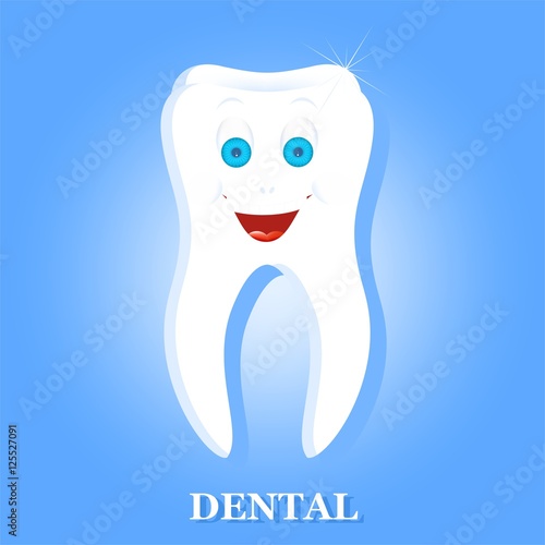 White human tooth with down laughing face with blue eyes with eyebrows and a big smile with white teeth and tongue on a blue background. White inscription dental with blue shadow