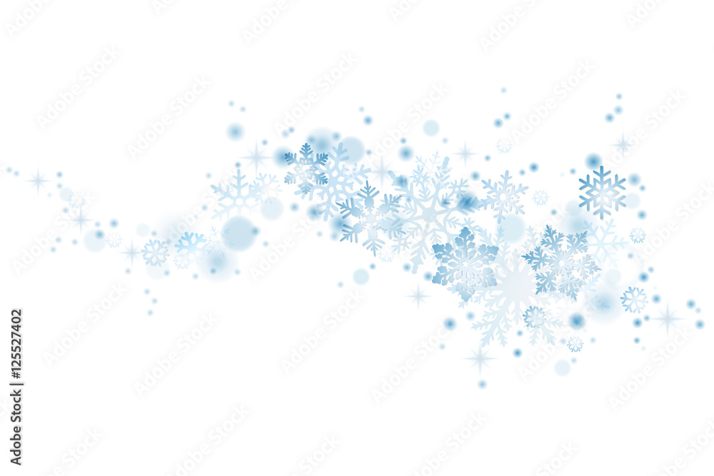 Swirl of blue snowflakes on white background