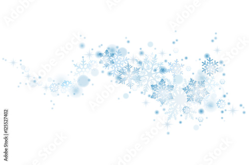 Swirl of blue snowflakes on white background