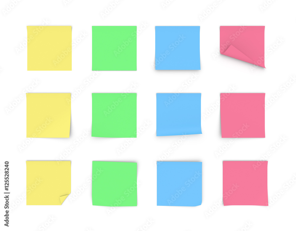 Rendering blank paper stickers of yellow, green, blue and pink colour, isolated on white background