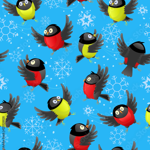 Seamless pattern with cartoon titmouses and bullfinches on a blue background with snowflakes