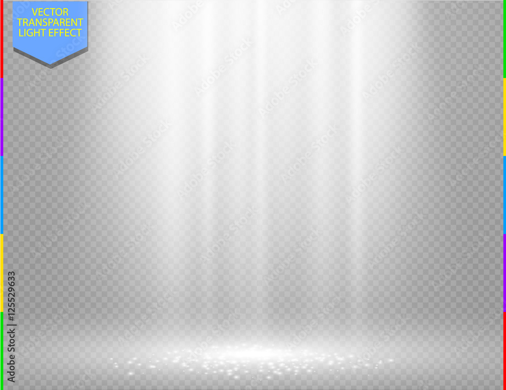 White vector light effect on transparent background. Glow ray and sparkling scene design. Sparks on floor. Shining show room White vector light effect on transparent background. Glow ray and sparkling scene design. Sparks on floor. Shining show room