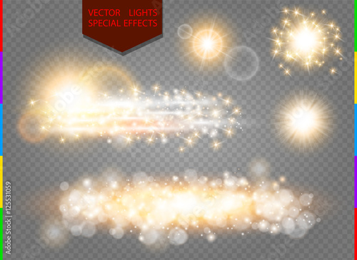 Glow golden light spark set on transparent background. Blur vector sparkles design collection. Explosive flash, sun, flare and shiny cloud