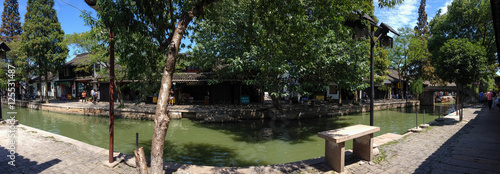 Panoramic view of canal at ancient water town with a history of more than 1700 years in Zhujiajiao, China
