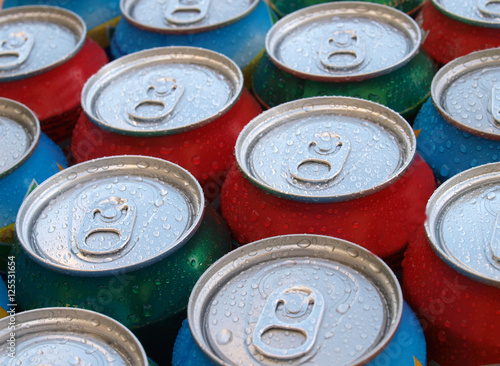 Close Up of soft drink Cans with water drops condesation