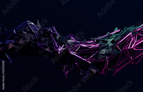 Abstract 3d rendering of chaotic surface. Contemporary background with futuristic polygonal shape. Distorted low poly object with sharp lines. photo
