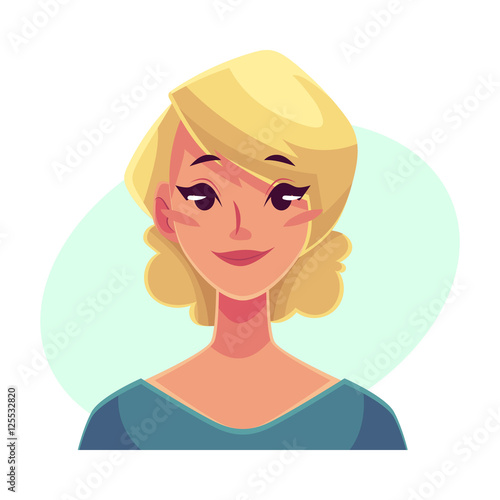 Pretty blond woman  neutral facial expression  cartoon vector illustrations isolated on blue background. Beautiful woman feeling glad  serene  relaxed  delighted. Neutral face expression