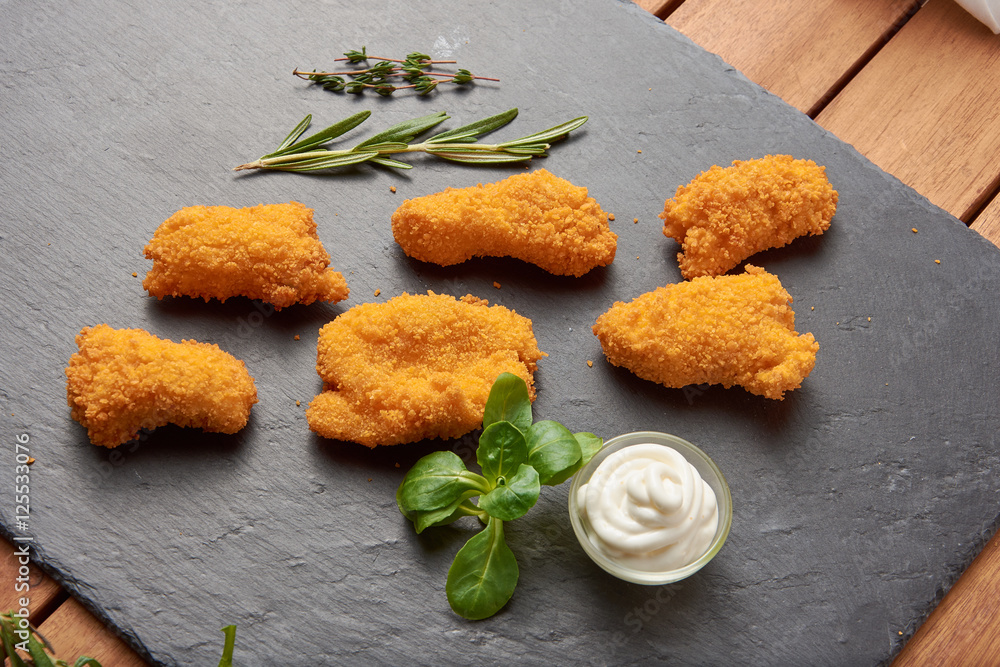 fast food background Fried chicken (five pieces) with french fast food background Fried chicken (five pieces) with french