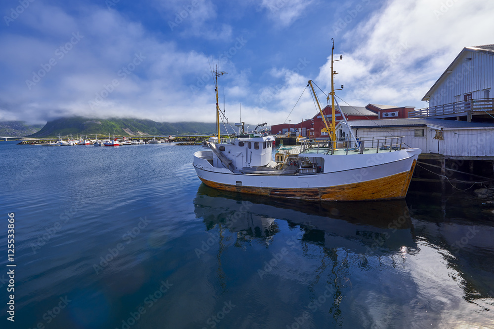 Fototapeta premium Fredwang, Norwey Picturesque view small harbor on Lofoten islands in Norway