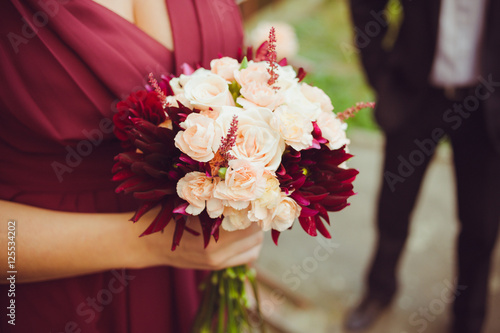 Big wedding bouquet before ceremony. 