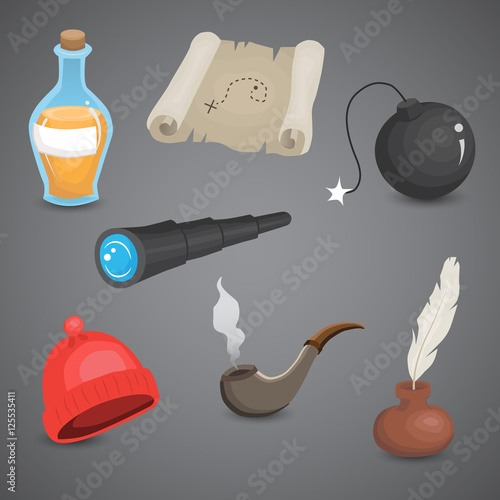 Adventure, pirate, sailor vector icon set.