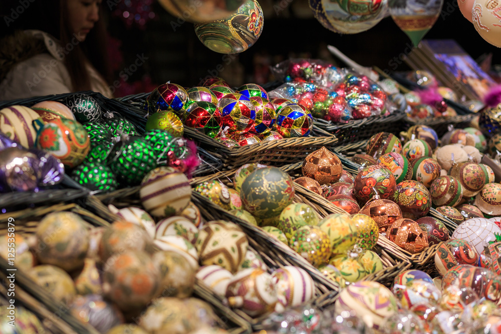 Colorful close up details of christmas markets. Balls decoration