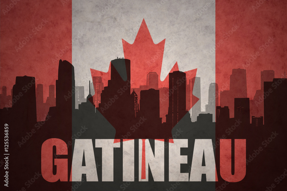 abstract silhouette of the city with text Gatineau at the vintage canadian flag