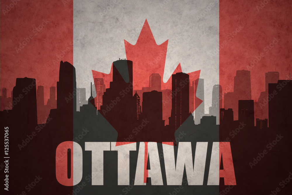 abstract silhouette of the city with text Ottawa at the vintage canadian flag