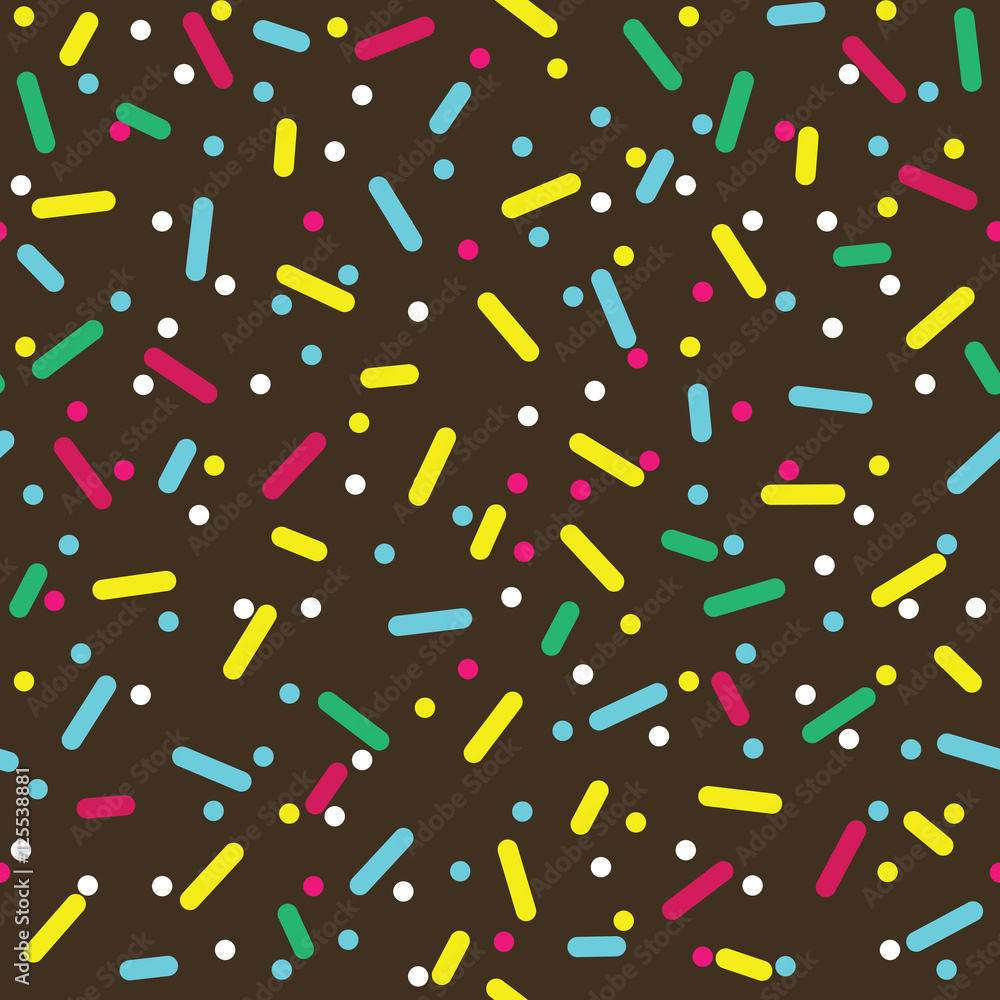 Donut glaze seamless pattern. Cream texture with topping of colorful sprinkles and beads on chocolate background. Food bakery decoration. Vector eps8 illustration. Donut glaze seamless pattern. Cream texture with topping of colorful sprinkles and beads on chocolate background. Food bakery decoration. Vector eps8 illustration.